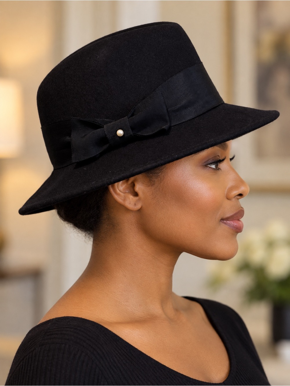 Metrostyle Black 100% Wool Wide Brim Fedora Hat Bow Pearl One Size